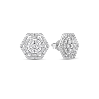 Double Hexagon Halo Pavé Moissanite Stud Earrings in sterling silver