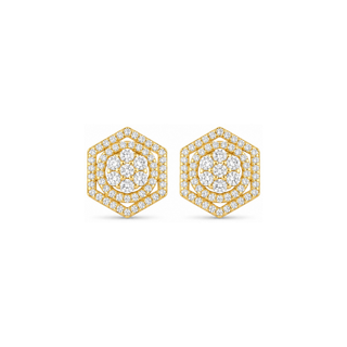 Double Hexagon Halo Pavé Moissanite Stud Earrings in yellow gold over sterling silver