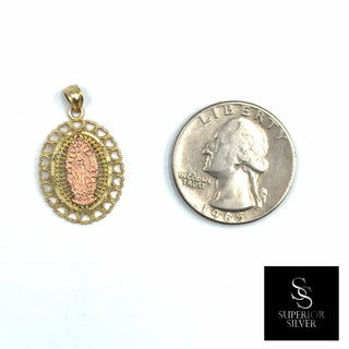 Mother Mary Medallion 14K Yellow Gold Pendant quarter size comparison