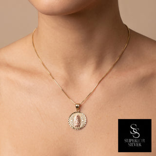 Mother Mary Medallion 14K Yellow Gold Pendant worn on model