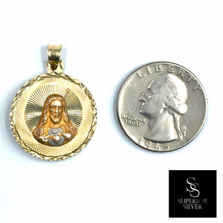 Jesus and Mother Mary Double Sided 14K Yellow Gold Pendant quarter size comparison