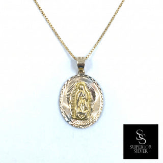 St Jude & Mother Mary Double Sided Medallion 14K Yellow Gold Pendant on box chain Mother Mary side