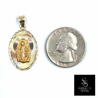 Mother Mary Medallion 14K Yellow Gold Pendant quarter size comparison