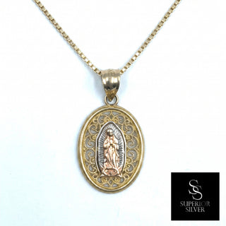 Mother Mary Medallion 14K Tri-Color Gold Pendant on box chain