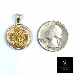 Jesus & Mother Mary Double Sided Medallion 14K Yellow Gold Pendant quarter size comparison