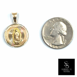 Jesus and Mother Mary Double Sided 14K Yellow Gold Pendant quarter size comparison