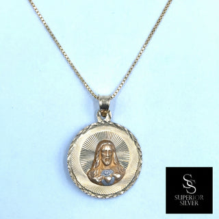 Jesus and Mother Mary Double Sided 14K Yellow Gold Pendant on box chain Jesus side