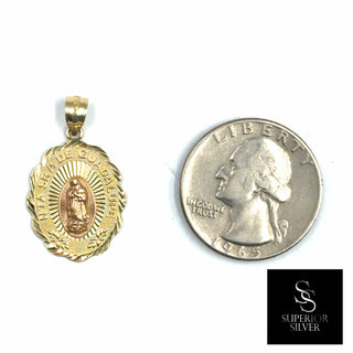 Nuestra Senora de Guadalupe 14K Yellow Gold Pendant quarter size comparison