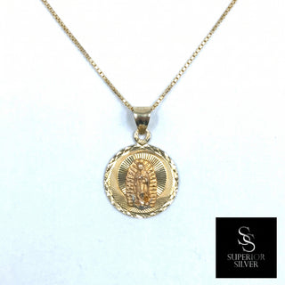 Virgin Mary Round 14K Yellow Gold Pendant on box chain