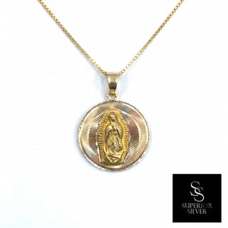 Jesus & Mother Mary Double Sided Medallion 14K Yellow Gold Pendant on box chain Mother Mary side