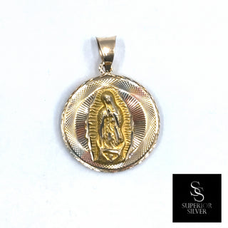 Jesus & Mother Mary Double Sided Medallion 14K Yellow Gold Pendant close up Mother Mary side