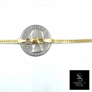 Franco Chain 14kt Yellow Gold over 925 Sterling Silver 18inch 2.55mm closeup on quarter
