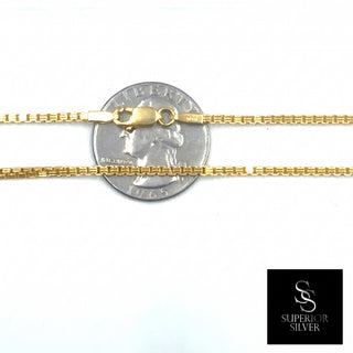 Box Chain 14kt Yellow Gold over 925 Sterling Silver 18inch 1.85mm closeup on quarter