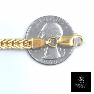 Flat Franco Chain 14kt Yellow Gold over 925 Sterling Silver 22inch 5.1mm closeup on quarter