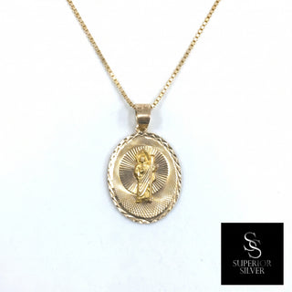 St Jude & Mother Mary Double Sided Medallion 14K Yellow Gold Pendant on box chain St Jude side