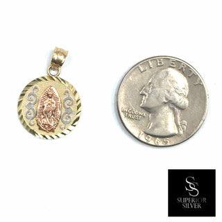 Mother Mary Medallion 14K Yellow Gold Pendant quarter size comparison