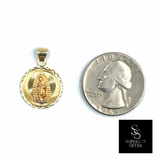 Virgin Mary Round 14K Yellow Gold Pendant quarter size comparison