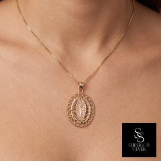 Mother Mary Medallion 14K Yellow Gold Pendant worn on model