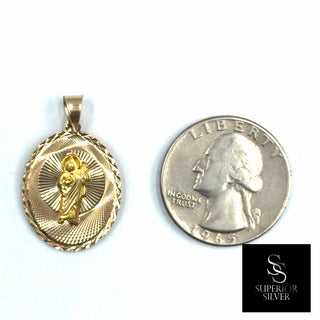 St Jude & Mother Mary Double Sided Medallion 14K Yellow Gold Pendant quarter size comparison