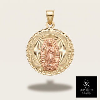 Jesus and Mother Mary Double Sided 14K Yellow Gold Pendant close up Mother Mary side