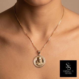 Jesus & Mother Mary Double Sided Medallion 14K Yellow Gold Pendant worn on model