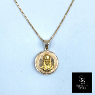 Jesus and Mother Mary Double Sided 14K Yellow Gold Pendant on box chain Jesus side
