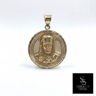 Jesus & Mother Mary Double Sided Medallion 14K Yellow Gold Pendant close up Jesus side