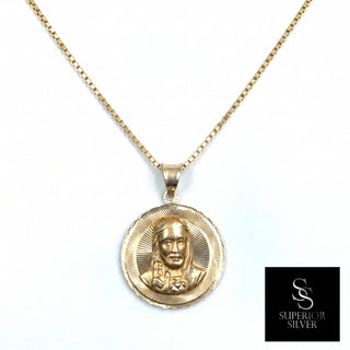 Jesus & Mother Mary Double Sided Medallion 14K Yellow Gold Pendant on box chain Jesus side