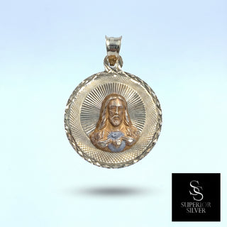 Jesus and Mother Mary Double Sided 14K Yellow Gold Pendant close up Jesus side