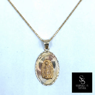 Mother Mary Medallion 14K Yellow Gold Pendant on box chain