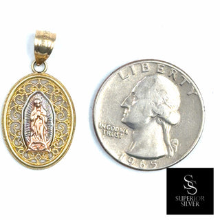 Mother Mary Medallion 14K Tri-Color Gold Pendant quarter size comparison