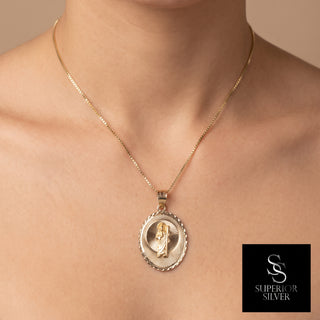 St Jude & Mother Mary Double Sided Medallion 14K Yellow Gold Pendant worn on model