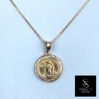 Jesus and Mother Mary Double Sided 14K Yellow Gold Pendant on box chain Mother Mary side