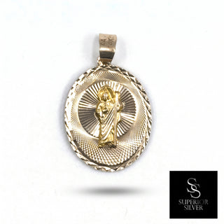 St Jude & Mother Mary Double Sided Medallion 14K Yellow Gold Pendant close up St Jude side