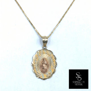 Nuestra Senora de Guadalupe 14K Yellow Gold Pendant on box chain