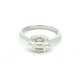East-West emerald-cut solitaire moissanite ring in sterling silver