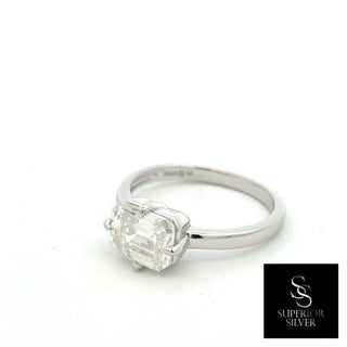 East-West emerald-cut solitaire moissanite ring in sterling silver, view 2