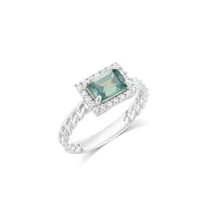 East-West Green Emerald-Cut Halo on Curb Chain Band Moissanite Ring in sterling silver