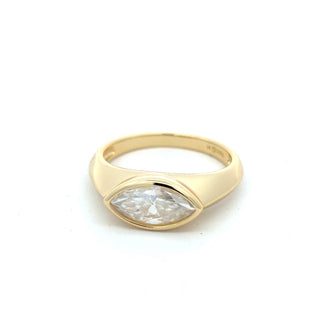 East-West marquise in domed band moissanite ring in yellow gold vermeil over sterling silver