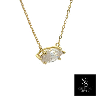 East-west marquise solitaire moissanite necklace in yellow gold vermeil over sterling silver