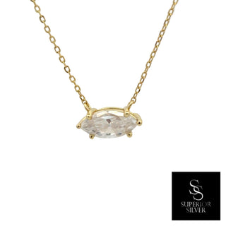 East-west marquise solitaire moissanite necklace in yellow gold vermeil over sterling silver, view 2