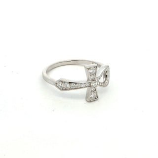 East-West pavé cross moissanite ring in sterling silver