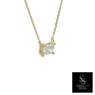 East-west rectangle solitaire moissanite necklace in yellow gold vermeil over sterling silver