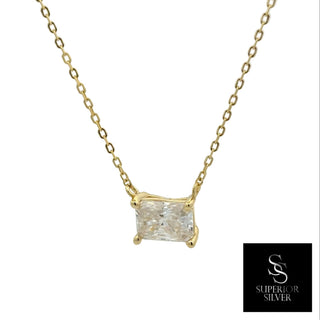 East-west rectangle solitaire moissanite necklace in yellow gold vermeil over sterling silver, view 2