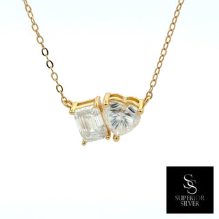 Emerald and pear two-stone moissanite necklace in yellow gold vermeil over sterling silver, view 2