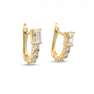 Emerald-cut and graduated round moissanite huggie hoop earrings in yellow gold vermeil over sterling silver