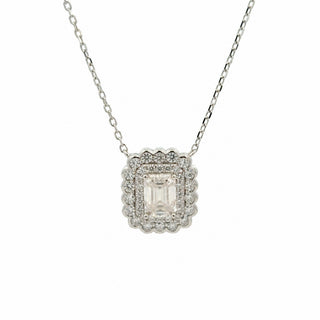 Emerald-cut double halo moissanite necklace in sterling silver