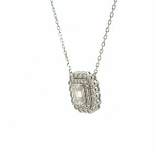 Emerald-cut double halo moissanite necklace in sterling silver, view 2