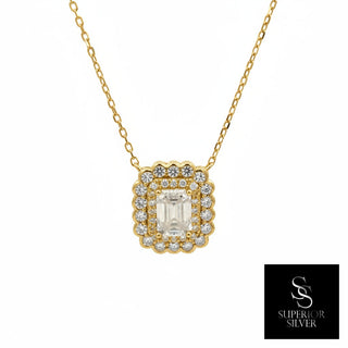 Emerald-cut double halo moissanite necklace in yellow gold vermeil over sterling silver