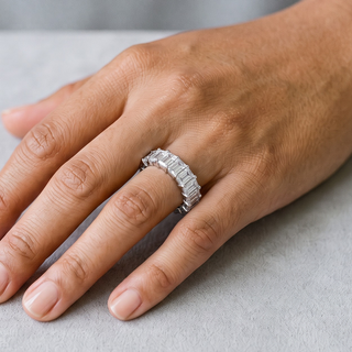 Emerald-Cut Full Eternity Band Moissanite Ring in sterling silver, worn on hand